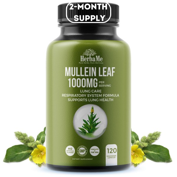 HerbaMe Mullein Leaf 1000mg, 120 Capsules, Lung Detox for Smokers, Lung Cleanse Supplement, Supports Respiratory Function Health, Promotes Mucous Membranes | Ear Health, Mucus Relief Herbal Pills