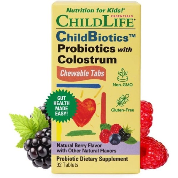 CHILDLIFE ESSENTIALS Probiotics with Colostrum - Kids Probiotic Chewables, Maintain Healthy Digestion and Immune Function, All-Natural, Gluten-Free - Mixed Berry Flavor, 90 Count (Pack of 2)