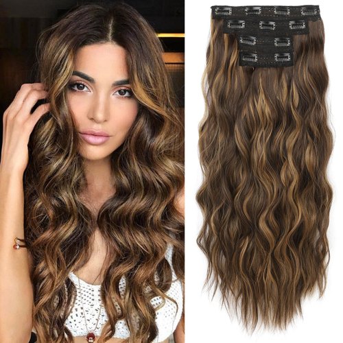 REECHO Clip in Hair Extensions, 4PCS Blonde Hair Extensions 24" Thick Long Beach Waves hair extensions HE003 Invisible Lace Weft Natural Soft Hairpieces for Women – Dark Brown with Highlights