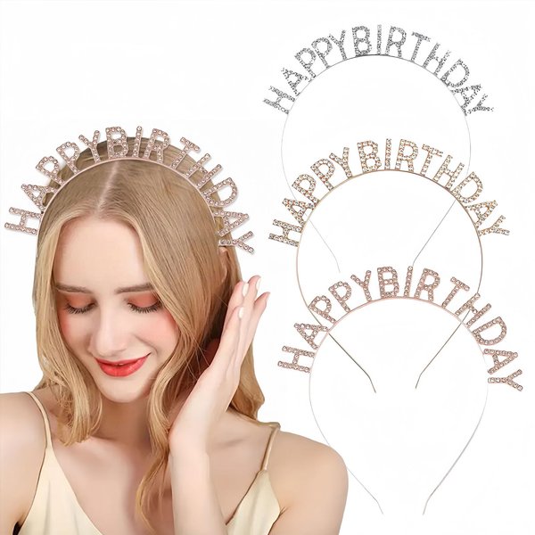 HIFANMM 3 Pcs Birthday Crowns for Women, Happy Birthday Headbands Shiny Rhinestones Metal Hair Bands, Gold Silver Rose Gold Hair Headband, Sweet Happy Birthday Accessories