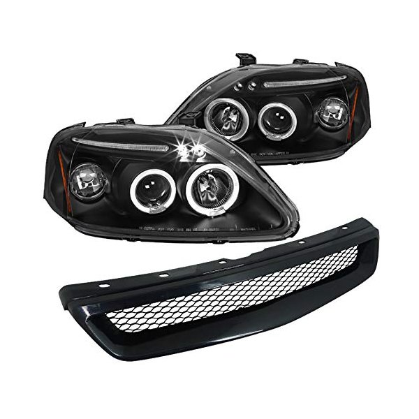 Spec-D Tuning LED Halo Black Projector Headlights Type R Style Grille Compatible with Honda Civic Left + Right Pair Headlamps Assembly
