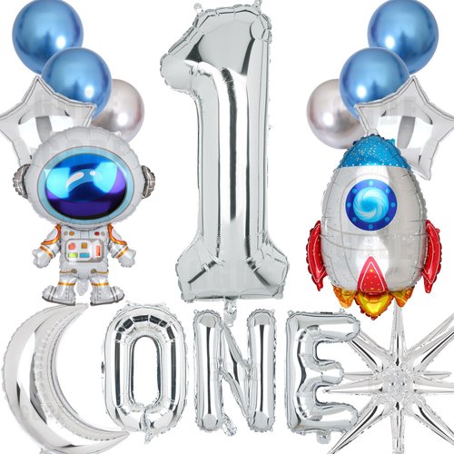 Space Themed Party Decorations Space Balloon Rocket Astronauts Moon Balloons 40 Inch Number Balloon 1 Silver Boys Kids Outer Space UFO Theme First 1st Birthday Party Decor 14 Pcs Kit