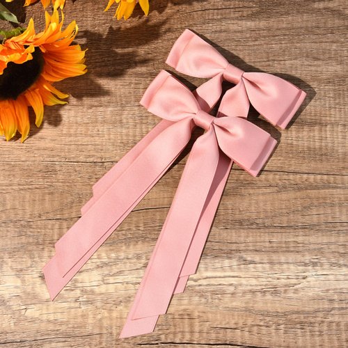 2PCS Silky Satin Hair Bows Hair Clip Pink Hair Ribbon Ponytail Holder Accessories Slides Metal Clips Hair Bow for Women Girls Toddlers Teens Kids