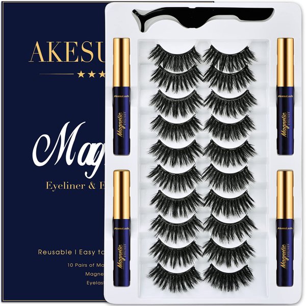 AkesuLash Magnetic Eyelashes Magnetic Lashes Natural Look with Eyeliner,10 Pairs Reusable Full Volume Cat Eye Magnetic Eye Lash kit with Applicator - Upgraded Long Lasting,- Easy Magnetized Eyelashes