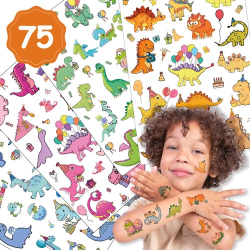 4 Sheets | 75 PCS Dinosaur Birthday Temporary Tattoos for Party Supplies, Temporary Tattoo Stickers for Birthday Parties, Animal Party Favor Activities, Waterproof Temporary Tattoos. (Multi color)