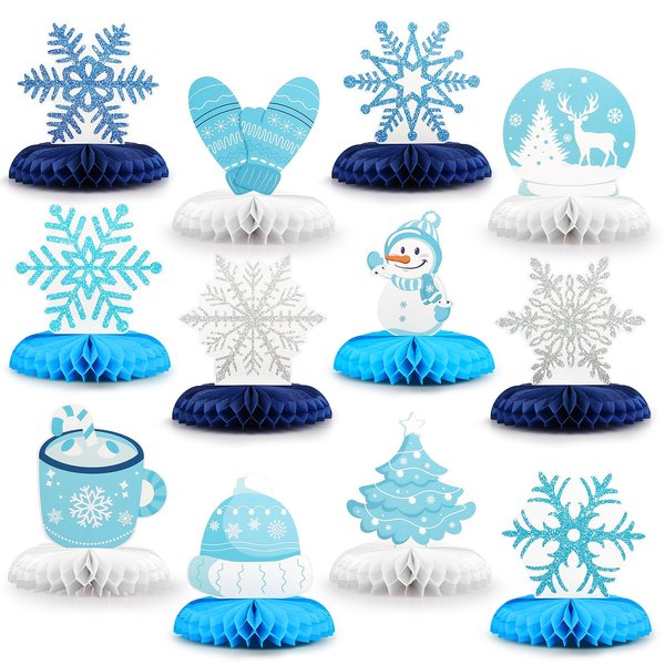 12PCS Winter Wonderland Party Decorations 3D Honeycomb Winter Centerpieces for Tables Blue White Christmas Party Supplies for Kids Birthday Xmas Holiday Party Prop Favors