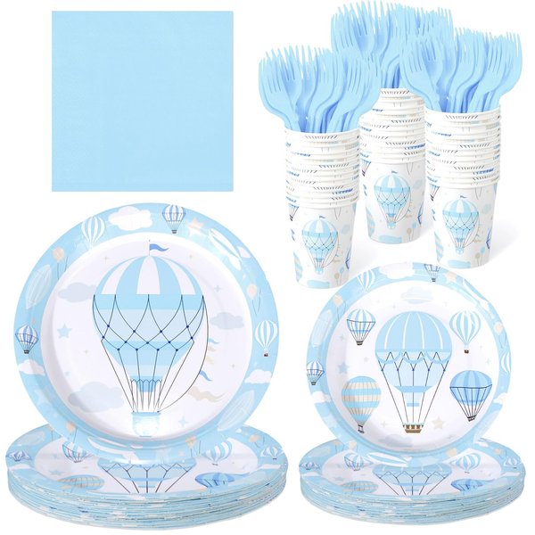 Zubebe 120 Pieces Blue Hot Air Balloon Party Supplies Set for 24 Guests, Hot Air Balloon Paper Plates (7 and 9 Inch), Cups, Forks, Paper Napkins, Disposable Dinnerware for Party Decorations