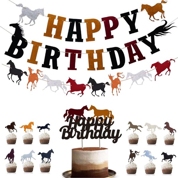 Horse Birthday Party Decoration Set with Horse Garland Banner, Happy Birthday Banner,Cupcake Toppers,Cake Topper for Horse Racing Birthday Cowboy Party Supplies,Room Decoration