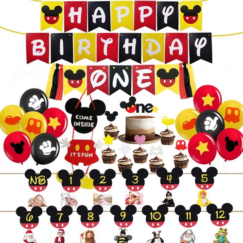 Mickey First Birthday Decorations, Mickey Happy Birthday Banner, Mickey One Banner, Mickey One Cake Topper, Baby Gilr Boy Mickey 1st Birthday Party Supplies.