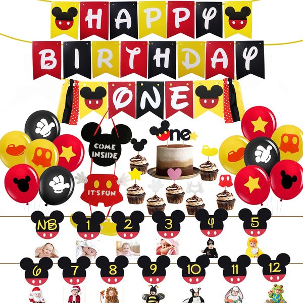 Mickey First Birthday Decorations, Mickey Happy Birthday Banner, Mickey One Banner, Mickey One Cake Topper, Baby Gilr Boy Mickey 1st Birthday Party Supplies.