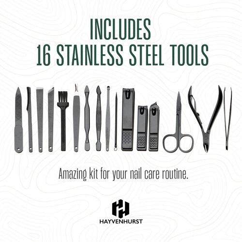 Nail Kit - Nail Clipper Set - Manicure Set -16 Stainless Steel Pieces Manicure Kit For Men’s - Pedicure Kit For Men - Mens Grooming Kit With Brown Leather portable Case by Hayvenhurst