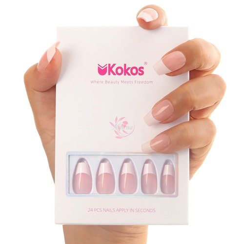 French Press On Nails, Medium Ballet Fake Nails, ABS Natural Fit, Reusable Stick On Nails in 12 Sizes-24 PCS Soft Gel Fake Nails Kit, Pink and White, Romantic City