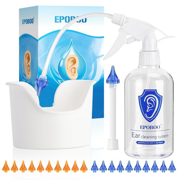 Ear Wax Removal Kit, Ear Wash Kit Includes Ear Bottle, Ear Basin & 20 Reusable Tips- Safe, Effective & Simple to Use Ear Flush Kit, w/Rigid Pipe & Soft Tube - for Personal Use or Family Use