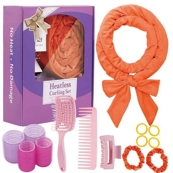 Heatless Curls Headband, Hair Rollers for Heatless Curls, 70" Velvet Heatless Curlers for Women Girls Overnight Curls, No Heat Hair Curlers to Sleep In - Orange
