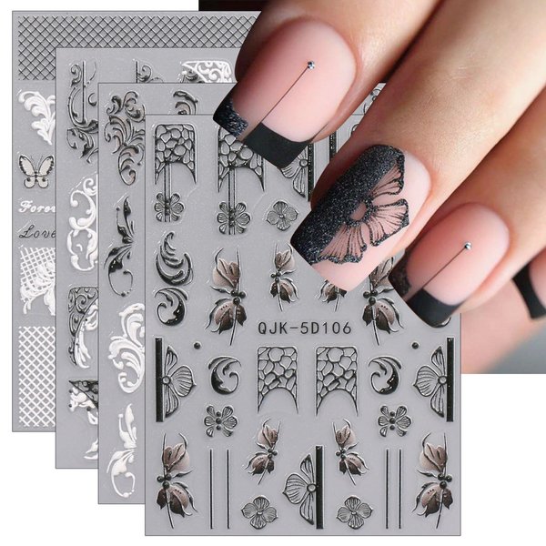 JMEOWIO 3D Embossed Black White Flower Nail Art Stickers Decals Self-Adhesive Pegatinas Uñas 5D Line Leaves Nail Supplies Nail Art Design Decoration Accessories 4 Sheets