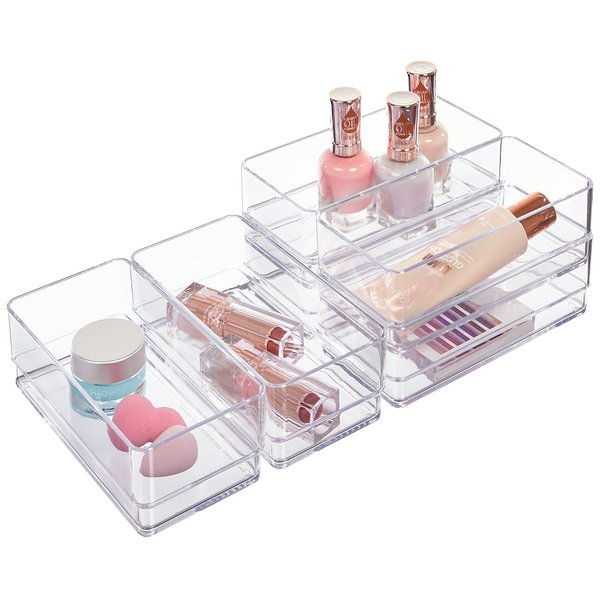 STORi SimpleSort 6-Piece Stackable Clear Drawer Organizer Set | 6" x 3" x 2" Rectangle Trays | Small Makeup Vanity Storage Bins and Office Desk Drawer Dividers | Made in USA