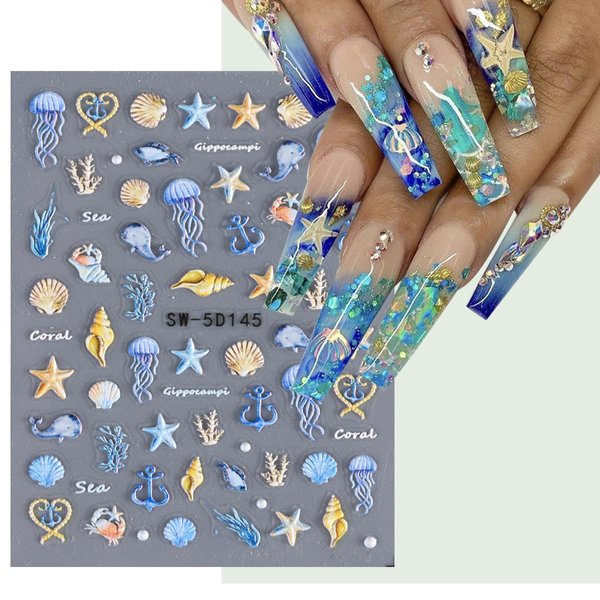 5D Embossed Seashell Starfish Nail Art Stickers - Self Adhesive Seashell Starfish Nail Decals Summer Nail Stickers Supplies Blue Marine Life Theme Design Nail Art Stickers for Women DIY Nail Salons