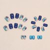 Press on Nails Short Square Fake Nails Acrylic Blue False Nails with Flower Stripe Designs Artificial Glitter Nails Full Cover Glue on Nails Stick on Nails for Women 24Pcs