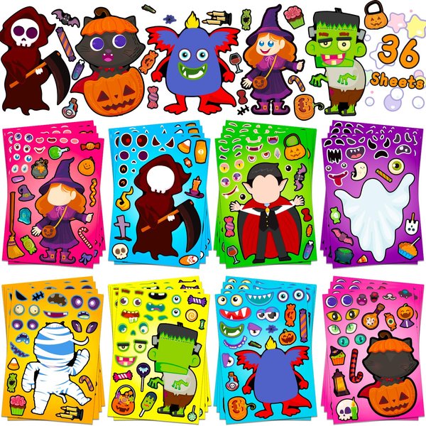 36PCS Halloween Stickers for Kids Make Your Own Stickers DIY Face Stickers Halloween Crafts for Kids Sticker Halloween Activities Class Game Halloween Treats Gifts Halloween Party Favors Supplies Toys