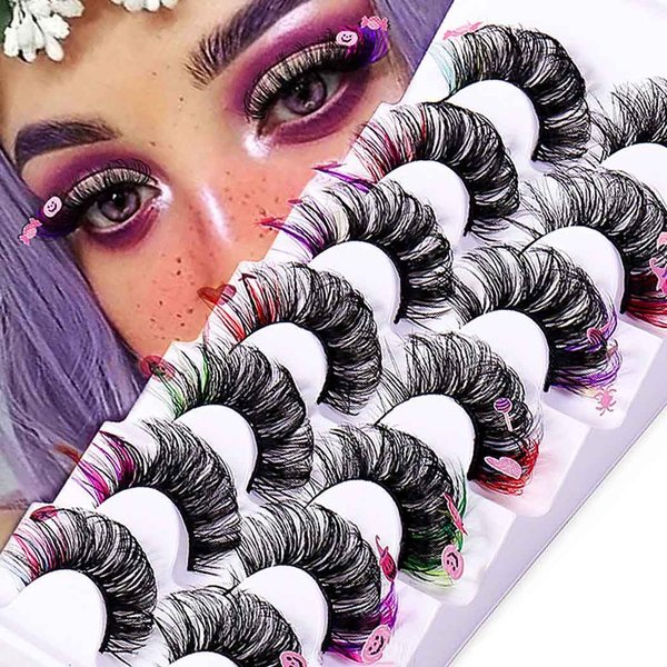 Uranian Colored Lashes Faux Mink False Eyelashes with Color Fluffy D Curl Russian Strip Lashes Halloween Dramatic Long Fake Eyelashes Extension for Women