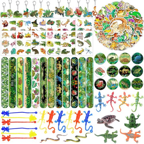 Lcnjscgo Reptile Party Favors Reptile Birthday Party Supplies Decorations Plastic Reptile Toys Vinyl Stretchy Sticky Toys Reptile Slap Bracelets Tattoos Badges Stickers Acrylic Keychain