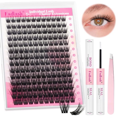 Lash Extension Kit, FADLASH DIY Individual Lashes Clusters Kit with 3D Lash Clusters Lash Bond and Seal and Lash Tweezers for DIY Eyelash Extension Easy to Apply at Home (R13-07-D-10-18MIX)