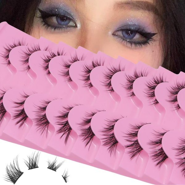 outopen 10 Pairs Cluster Lashes Natural Look Manga Lash Clusters C Curl Wispy Individual Eyelashes Cat Eye Lashes DIY Eyelash Extensions(A01-205)
