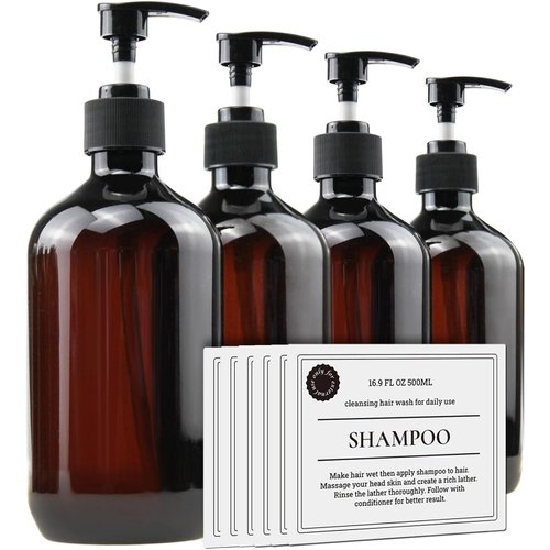 Empty Plastic Bottles with Pump Dispenser and Labels Included, Refillable Travel Containers for Hand sanitizer Shampoo Lotion, etc - BPA/Paraben Free, 500ml/16.9oz (Amber, 4 Pack)