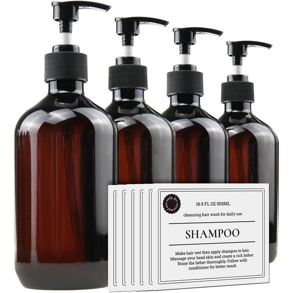Empty Plastic Bottles with Pump Dispenser and Labels Included, Refillable Travel Containers for Hand sanitizer Shampoo Lotion, etc - BPA/Paraben Free, 500ml/16.9oz (Amber, 4 Pack)