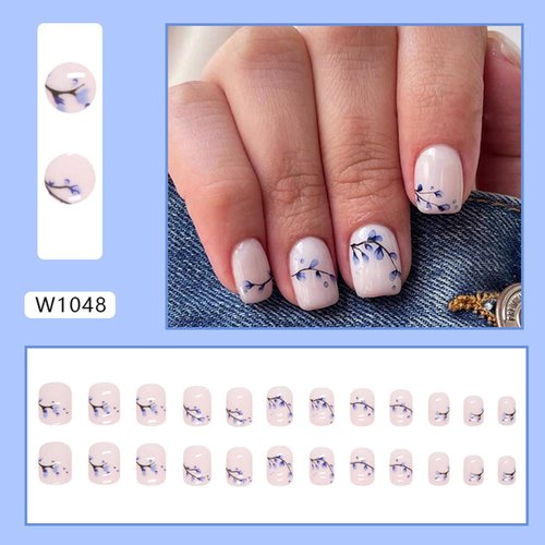Short Square Press on Nails Blue Gradient Flower Fake Nails Glossy Artificial False Nails Reusable Stick on Nails Full Cover Glue on Nails Natural Acrylic Nails for Women