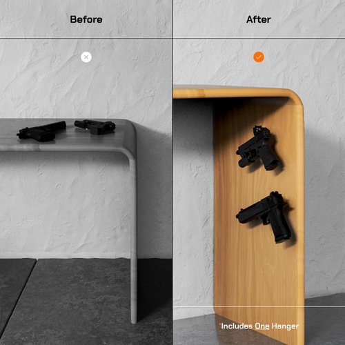 Hold Up Displays 90 Degree in Barrel Pistol Hanger Display, Handgun Wall Mount Concealed Storage for Safes, Cabinets, or Under Desk Easy Use Gun Hanger, Made in USA with Heavy Duty Steel