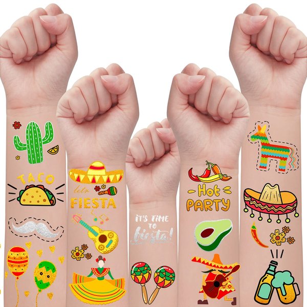 Partywind 42 Styles Metallic Glitter Temporary Tattoos for Kids, Fiesta Mexican Cinco De Mayo Party Decorations Supplies Favors, Final Fiesta Bachelorette Fake Tattoos Stickers for Adult Boys Girls