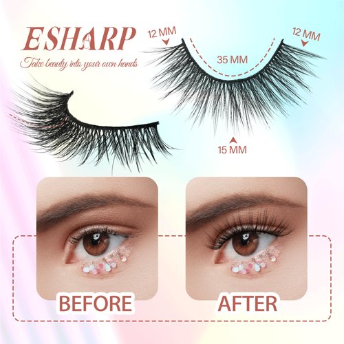 False Eyelashes 3D Volume Faux Mink Lashes 15mm Natural Wispy Handmade Lashes Soft Comfortable 5 Pairs Strip Lashes Pack by ESHARP