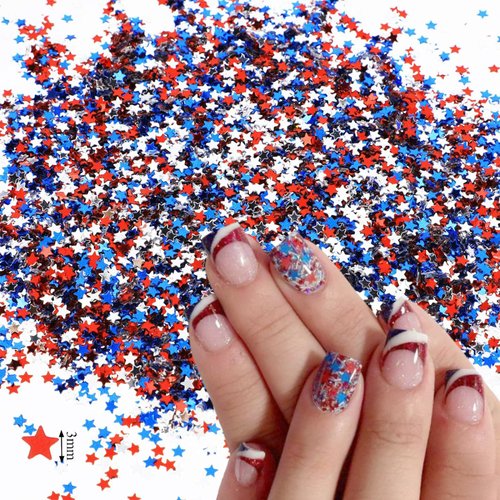 12 Grids 4th of July Holographic Nail Art Glitters Sequins Metallic Nail Glitter Flakes Independence Day Nail Art Supplies Red Blue Silver Mixed Sequins for Women Girls Acrylic Manicure Decorations