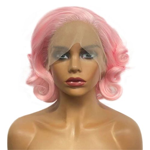 Aimole Lace Front Wigs Pink Curly Bob Natural Cosplay Wig Heat Resistant Women Synthetic Hair 10" (Pink)