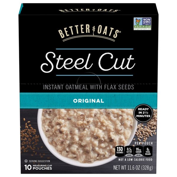 Better Oats Original Steel Cut Oatmeal Packets, Instant Oatmeal Packets with Steel Cut Oats and Flax Seeds, Quick Oatmeal Pouches Ready in 2.5 Minutes, Original Flavor, Pack of 10, 11.6 OZ Pack