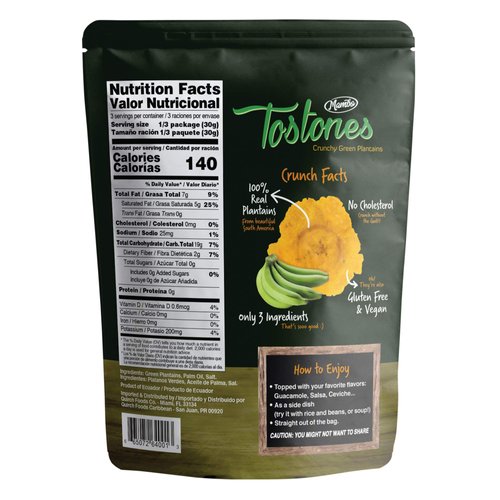 Mambo Tostones, All-Natural Green Plantains Tostones, 3.53 oz unit,1 bag, Plantain Chips, Tostones Chips, Gluten-Free, Only Three Ingredients Tostones
