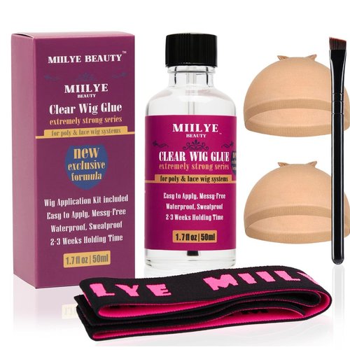 Clear Wig Glue 1.7oz/50ml with Wig Band, Wig Caps |Swimming Allowed| Waterproof Extremely Strong Hold Lace Glue for Wigs, Wig Installation Glue Kits (1.7oz Wig Glue kit)