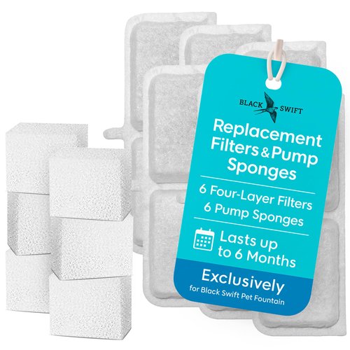 Black Swift Replacement Filters & Sponges – 12-Pack (6 Filters + 6 Sponges) – 4-Layer Dog & Cat Water Fountain Filter for Indoor Pet Hydration – Only for Black Swift Pet Fountain