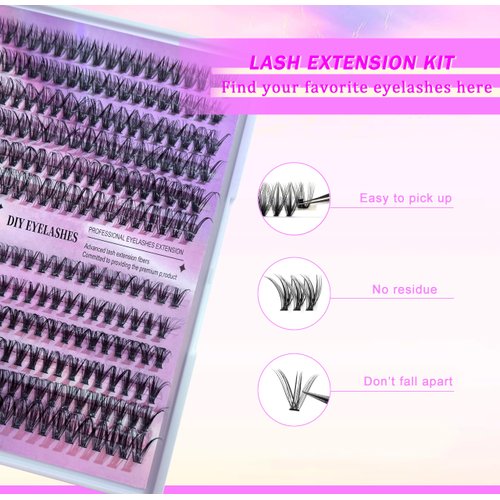 LUCMZQ Fluffy Lash EXtention Kit 240 Pcs Eyelash Cluster Kit Mixed 30D40D Curl Personal False Eyelashes with Lash Bond and Seal Lash Tweezers DIY Lash Extension at Home