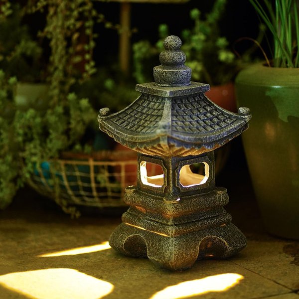 Gardenfans Solar Pagoda Lantern Garden Statue LED Light Outdoor Zen Garden Japanese Lantern for Landscape Balcony Patio Porch Yard Art Decor 6.7"H Gray Stone Finish