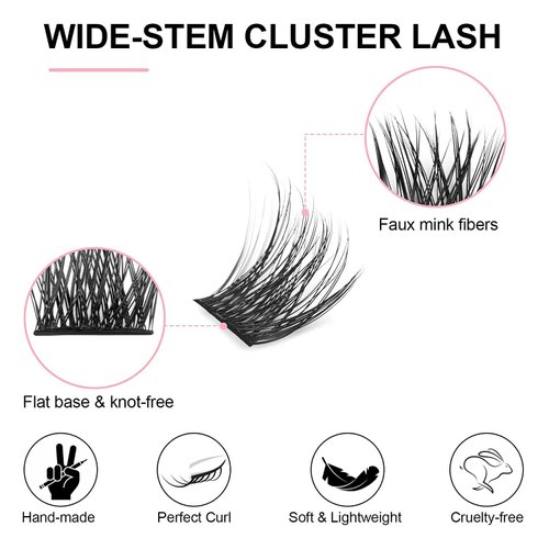 KISSXIAOYA Cluster Lashes Extensions, 144Pcs Individual Cluster Lashes D Curl 11mm, Wide Stem Cluster Eyelashes Soft Natural False Eyelashes Cluster DIY Eyelash Extension At Home (11mm, D Curl)