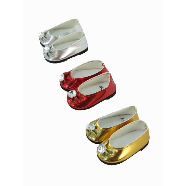 American Fashion World Red, Gold, and Silver Glitter Bow Flats for 18-Inch Dolls | 3 Piece Set | Premium Quality & Trendy Design | Dolls Shoes | Shoe Fashion for Dolls for Popular Brands