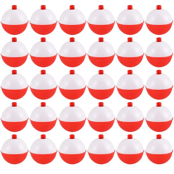 Coopay 30pcs lot Hard ABS Fishing Bobbers Set Snap on Red/White Float Bobbers Push Button Round Buoy Floats Fishing Tackle Accessories, 1.5 Inch