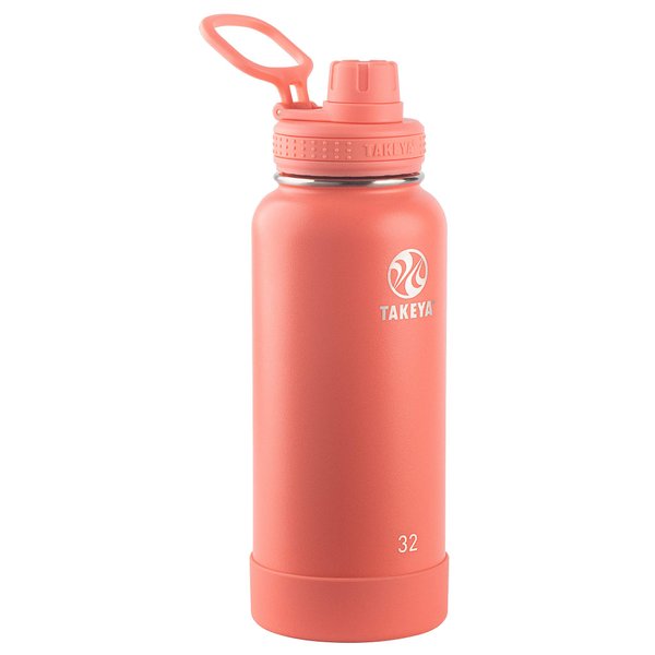Takeya Actives 32 oz Vacuum Insulated Stainless Steel Water Bottle with Spout Lid, Premium Quality, Coral
