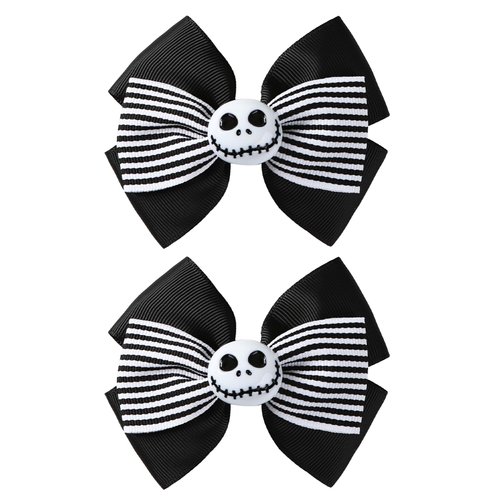 2Pcs Ghost Skull Hair Bows Black White Striped Ribbon Hair Clip Christmas Halloween Costume Accessories Party Decorations for Jack Skellington