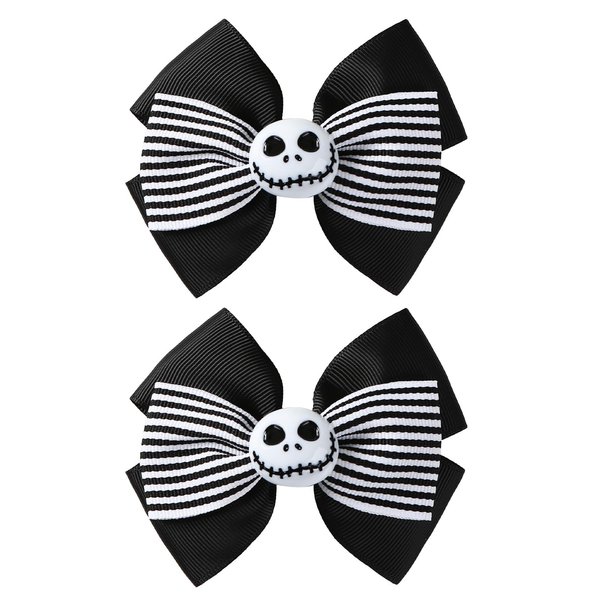 2Pcs Ghost Skull Hair Bows Black White Striped Ribbon Hair Clip Christmas Halloween Costume Accessories Party Decorations for Jack Skellington