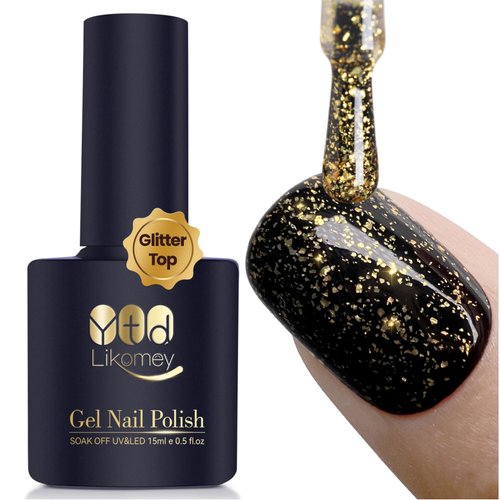 YTD Likomey 15ml Gel Nail Polish Gold Foil Top Coat,Glossy No Wipe Long Lasting Shiny Finish Clear Gold Glitter Sparkle For Salon Home DIY Manicure UV Nail Gel