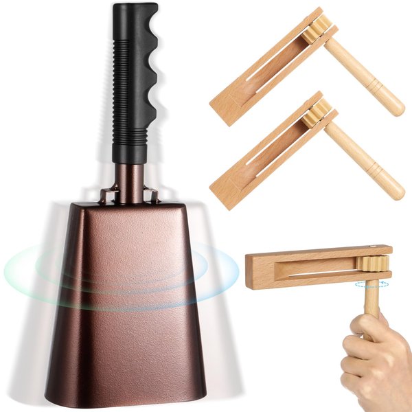3 PCS Noise Maker Kit, 10 inch Metal Cowbell and Wooden Spinning Rattle Ratchet, Cowbell with Handle, Traditional Matraca Toy, Cheering Percussion Musical Instrument