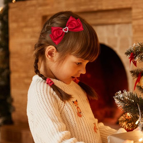 Red Satin Hair Bow Clips, Christmas Valentine School Hairpins with Heart Rhinestones,Handmade Bowknot Hair Accessories for Kids Girls New Year Decor